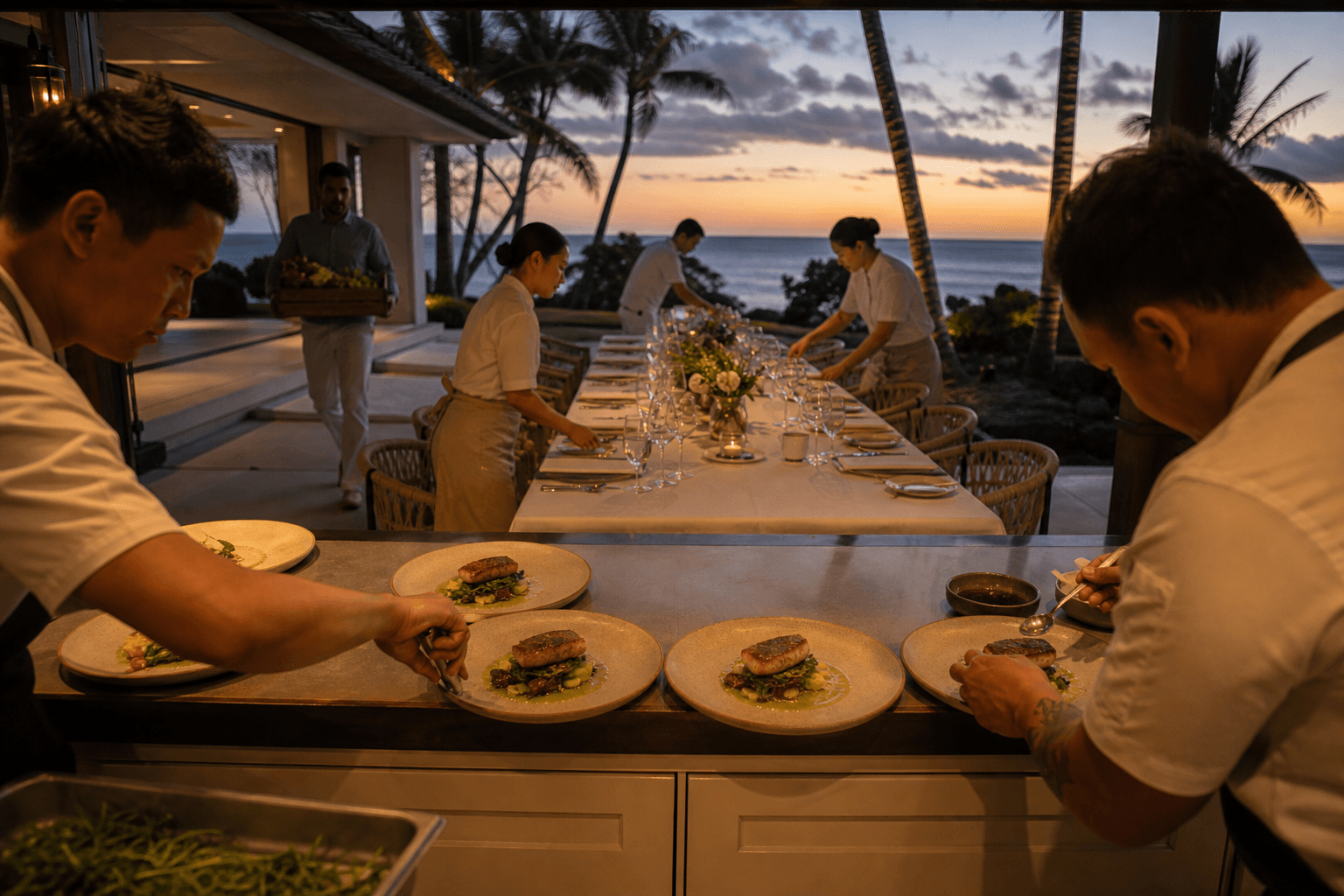 A full villa brigade at twilight — chefs plating, service moving, a long table beyond the pass.
