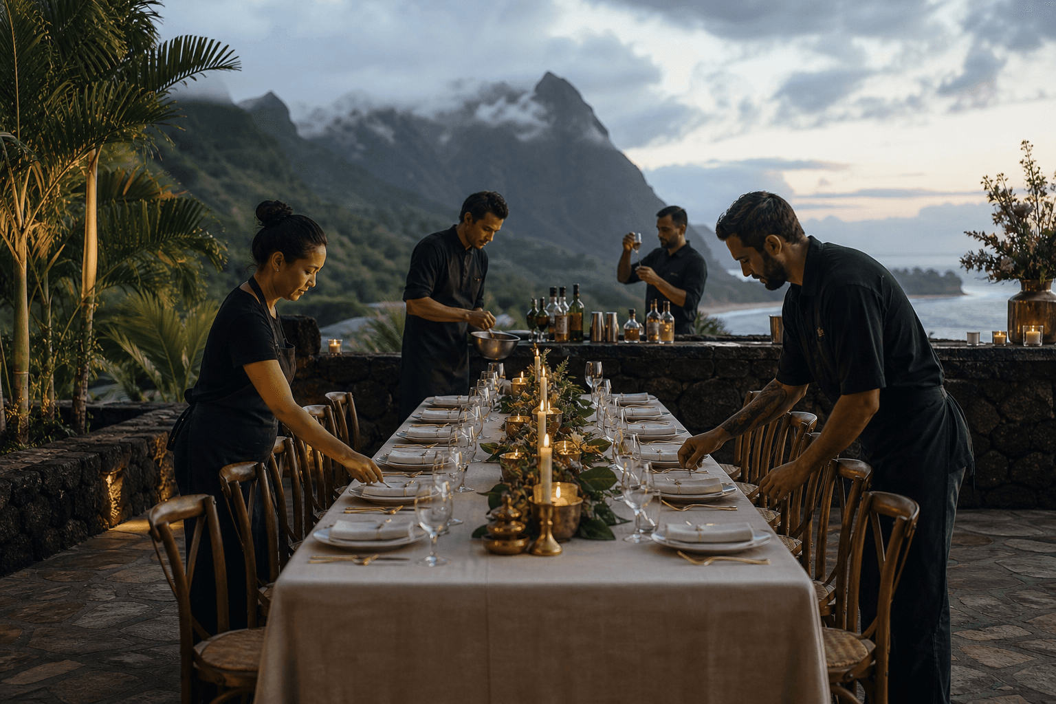 A Kauaʻi villa brigade on a North Shore stone terrace at dusk — chef, sous, service, bartender, misted mountains.