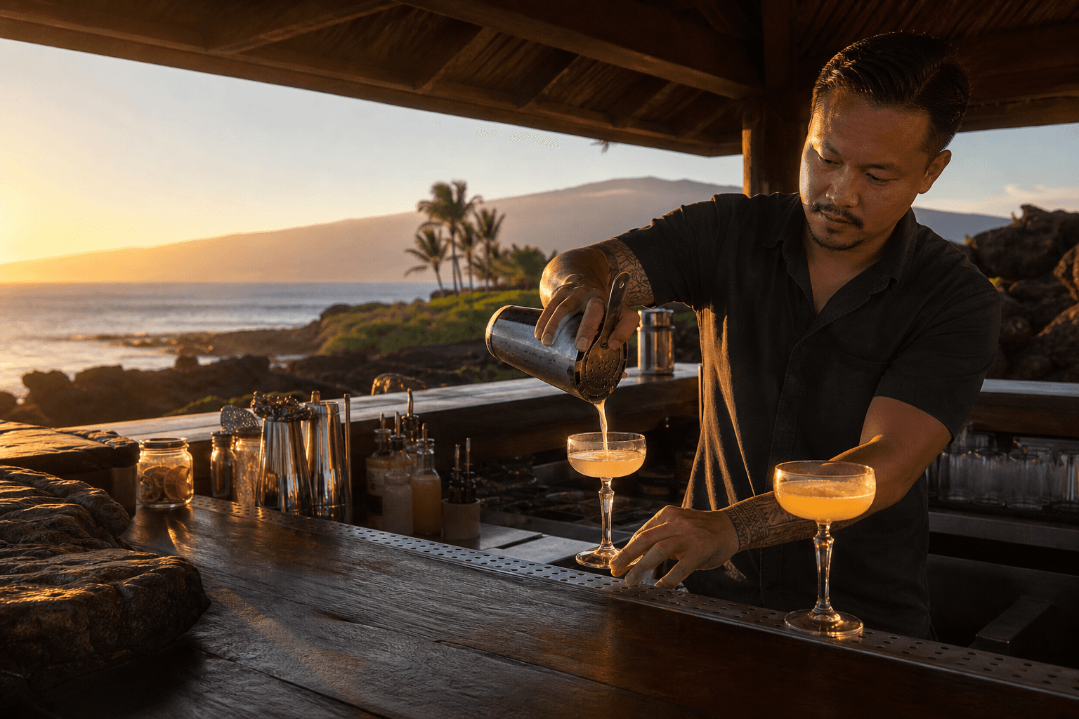 Kohala Coast sunset bar on a lava terrace, citrus cocktail, Mauna Kea distant.
