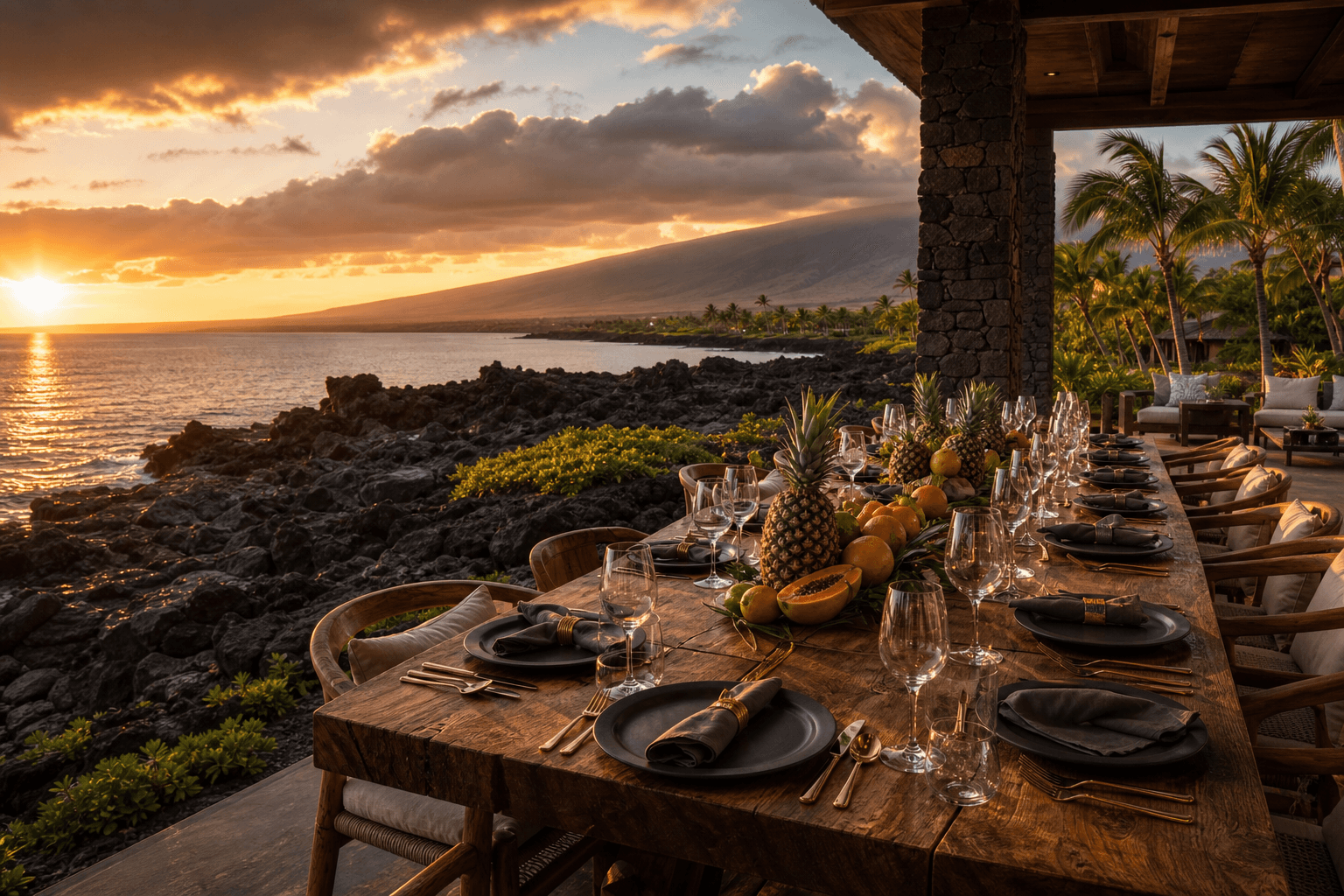 A lava-coast terrace table on Hawaiʻi Island at sunset with fruit and wine glasses, Mauna Loa on the horizon — myCHEF Hawaiʻi Island private chef, inquiry stage.