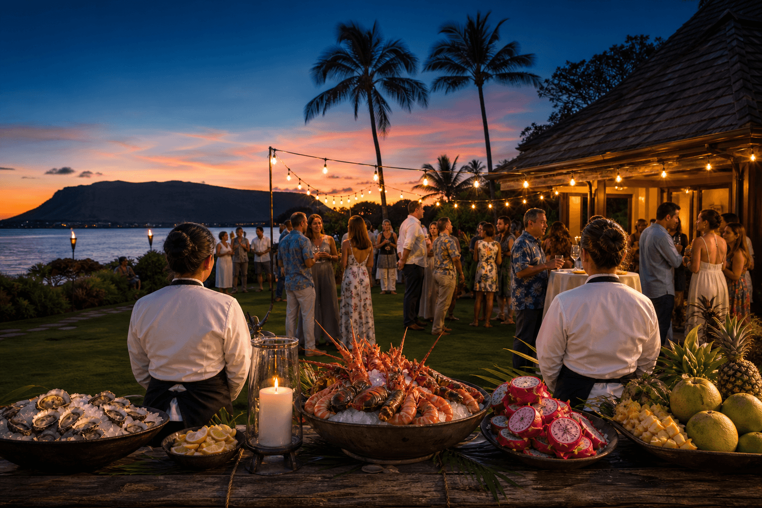 A staffed lawn reception in Hawaiʻi — seafood and fruit on ice, string lights, guests on the grass at sunset.