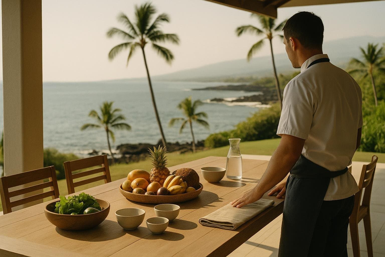 A private-chef table laid with fresh island produce on an open Hawaiian villa lānai above the Pacific — the four-island planning still.