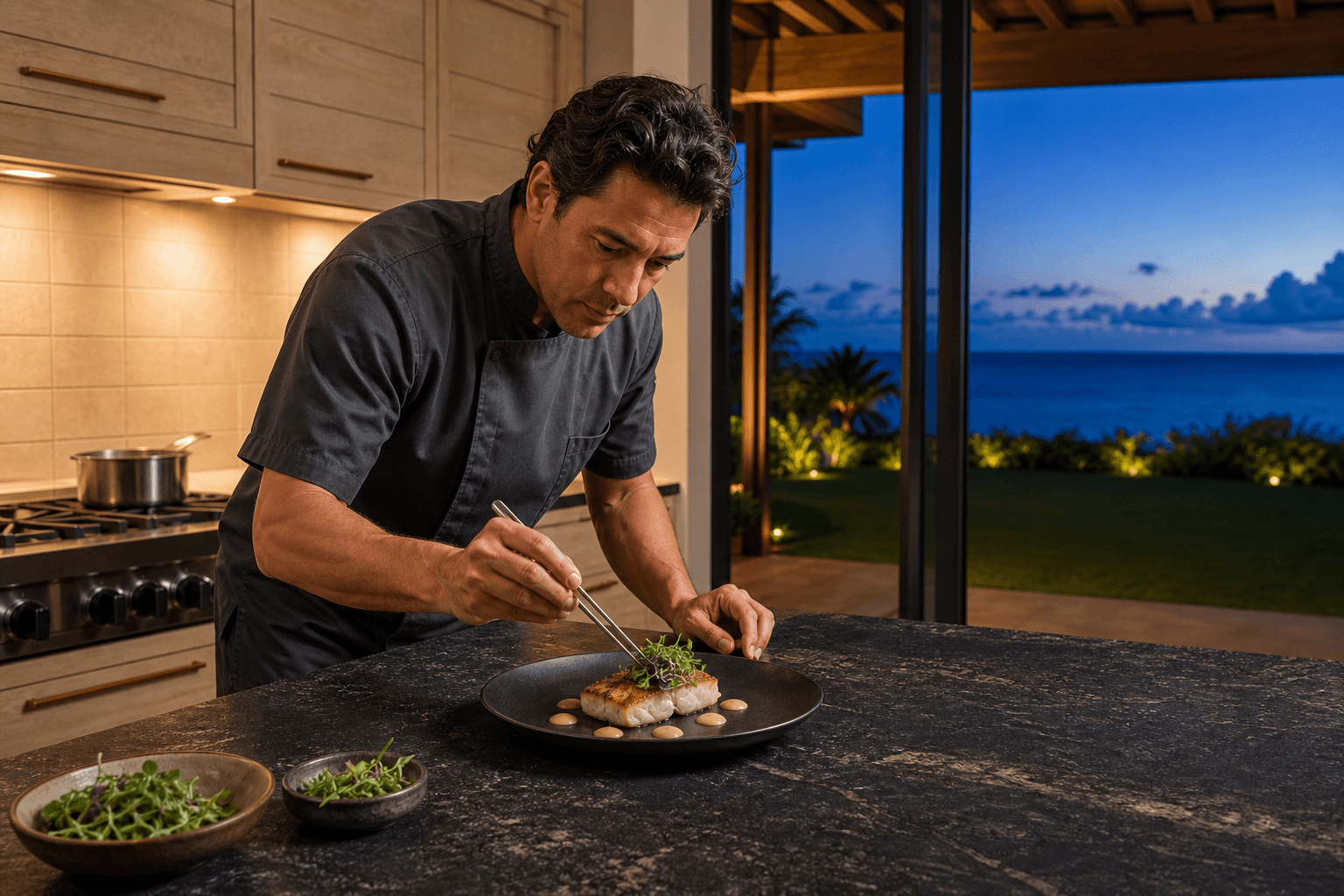 A private chef plating seared fish in a Hawaiian villa kitchen at blue hour — charcoal jacket, volcanic-stone island, Pacific lawn beyond. No island landmark.