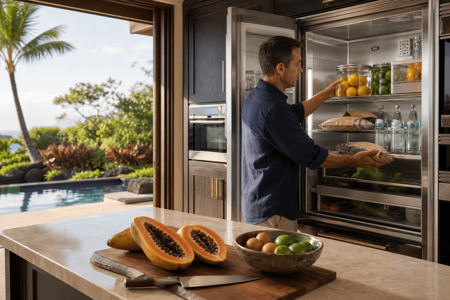 A vacation chef stocking a villa fridge for the week — paper-wrapped fish, citrus, bottled water, papaya on the board, pool beyond. No island landmark.
