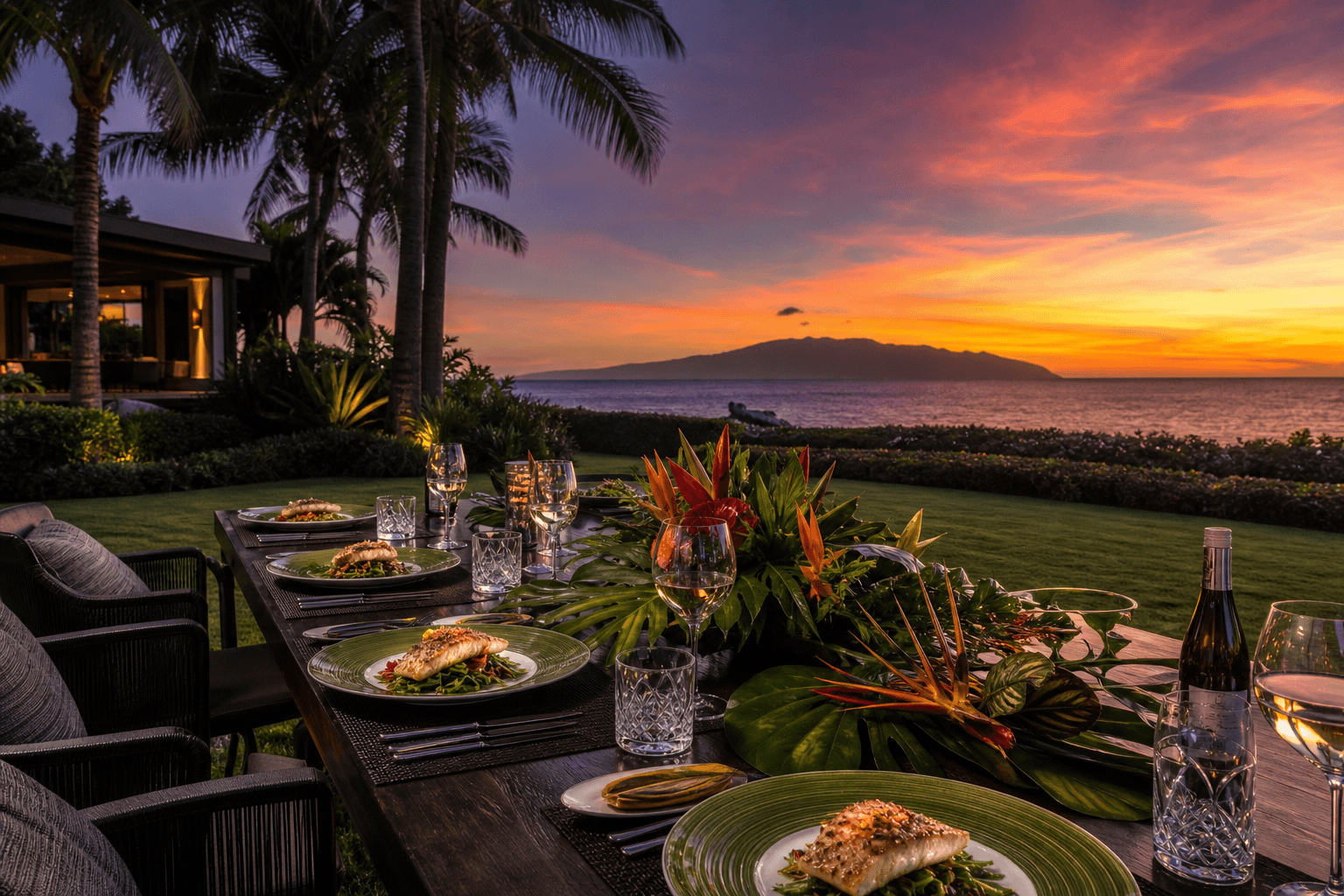 A long private-chef table on a Hawaiian lawn at sunset — grilled fish, tropical flowers, the Pacific beyond.