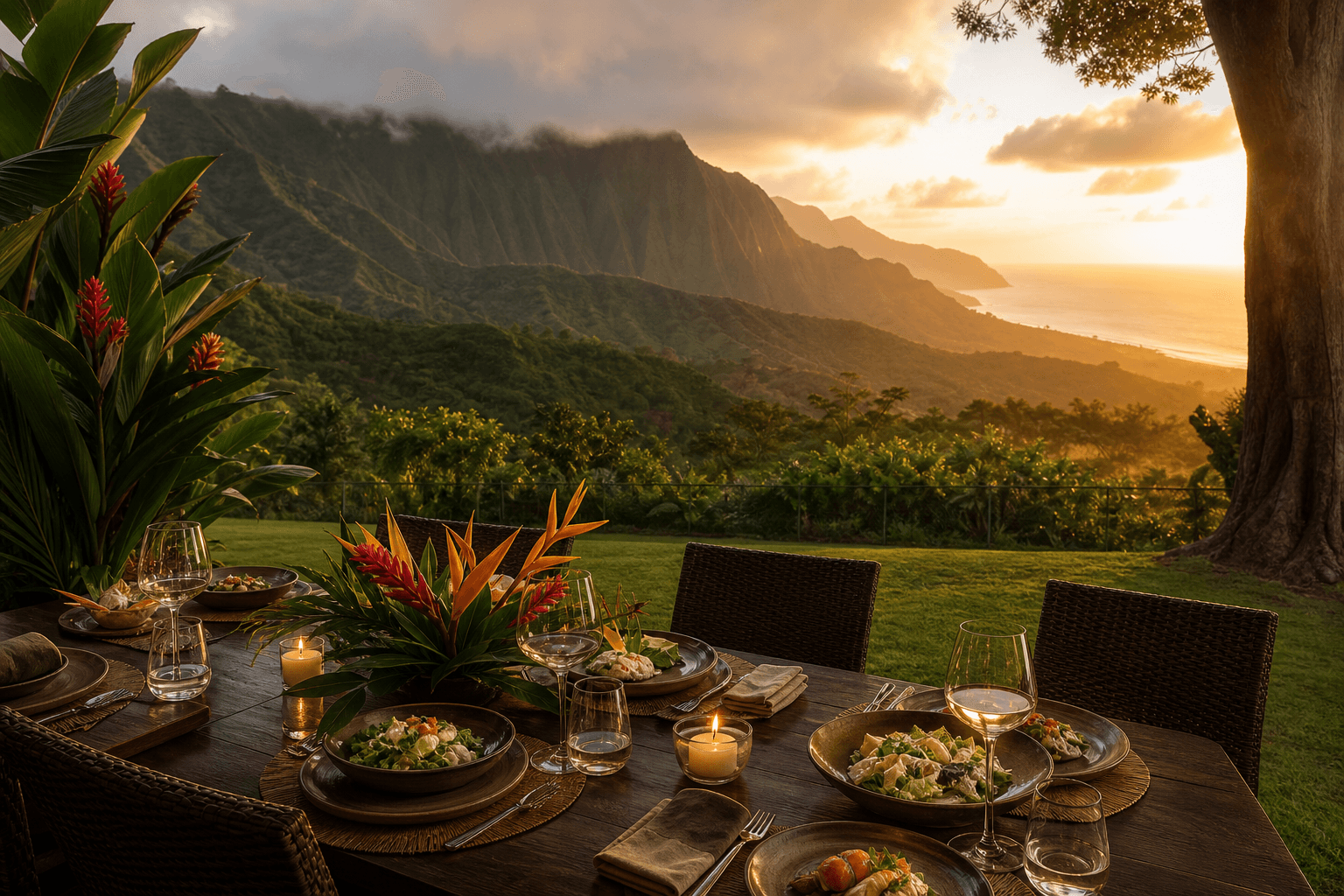 An estate table on Kauaʻi looking into a misted valley of fluted mountains at golden hour — myCHEF Kauaʻi private chef, inquiry stage.