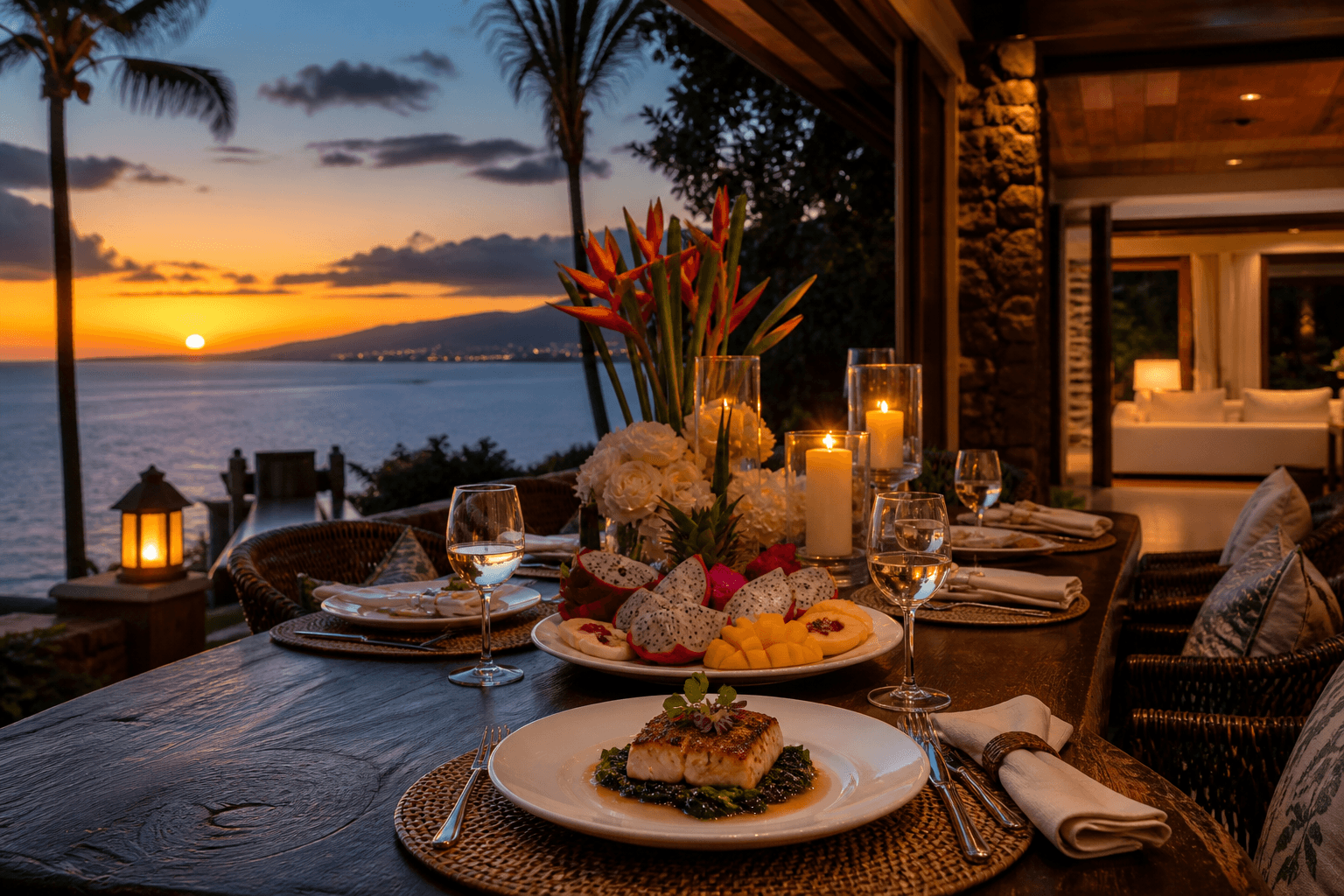 A candlelit Maui villa terrace table at dusk with seared fish and heliconia against the west-side sunset — myCHEF Maui private chef.