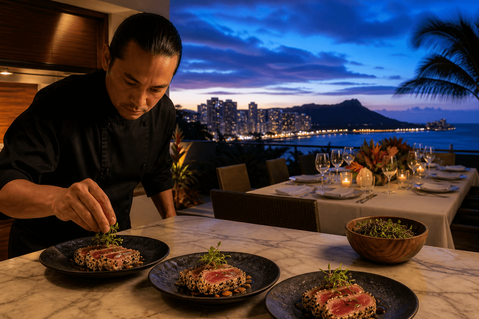 A chef plating sesame ahi on an Oʻahu villa counter with Diamond Head and Waikīkī lights at twilight — myCHEF Oʻahu private chef.