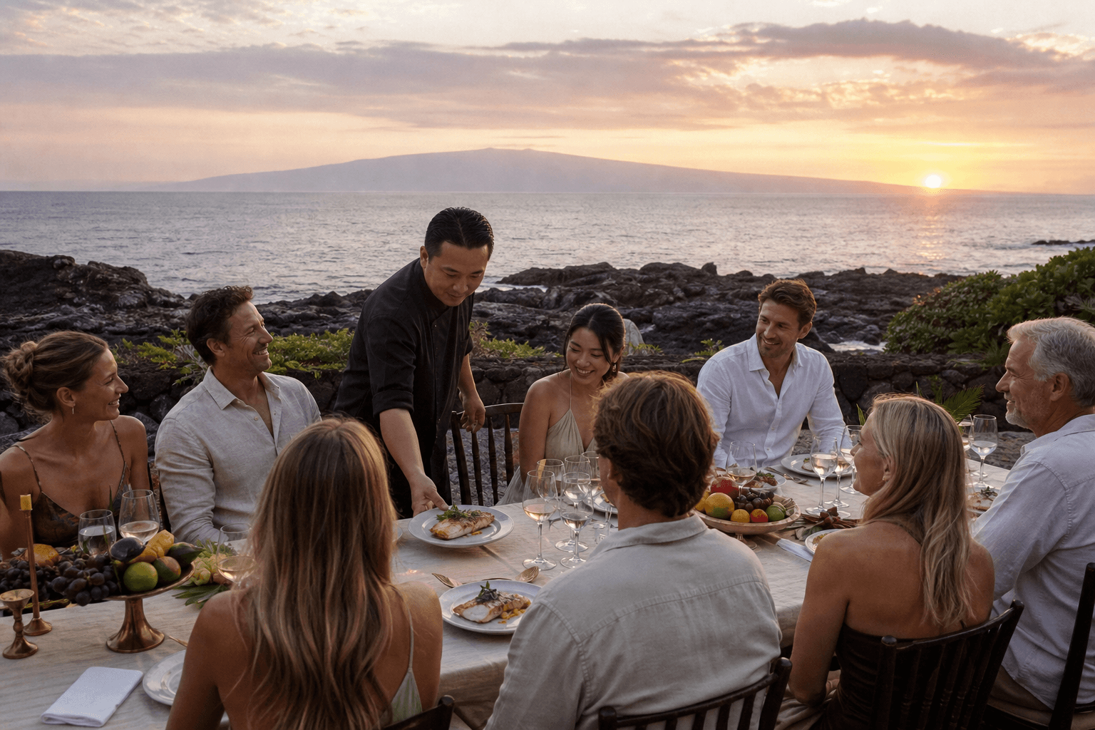 Kohala wedding-week table on a lava-coast terrace at sunset, Mauna Loa on the horizon.