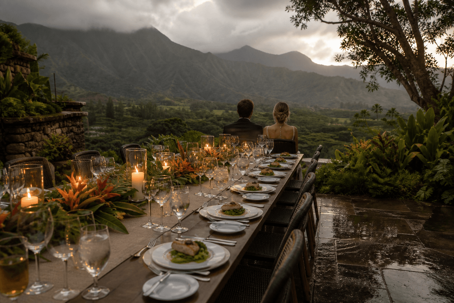 Kauaʻi wedding-week estate table looking into a misted valley of fluted mountains at golden hour.