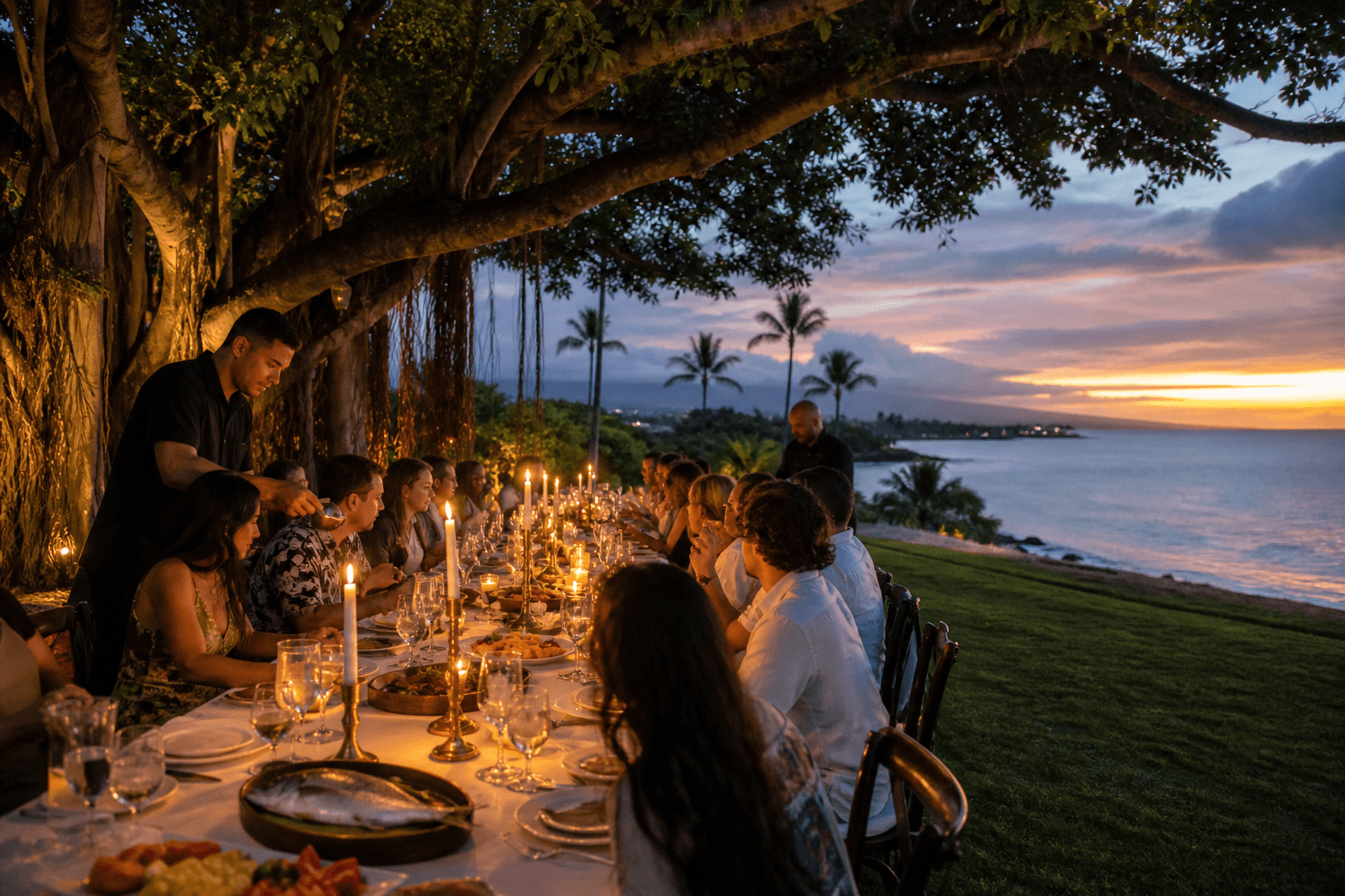 Maui wedding-week long table under a banyan at dusk on a Wailea ocean lawn.