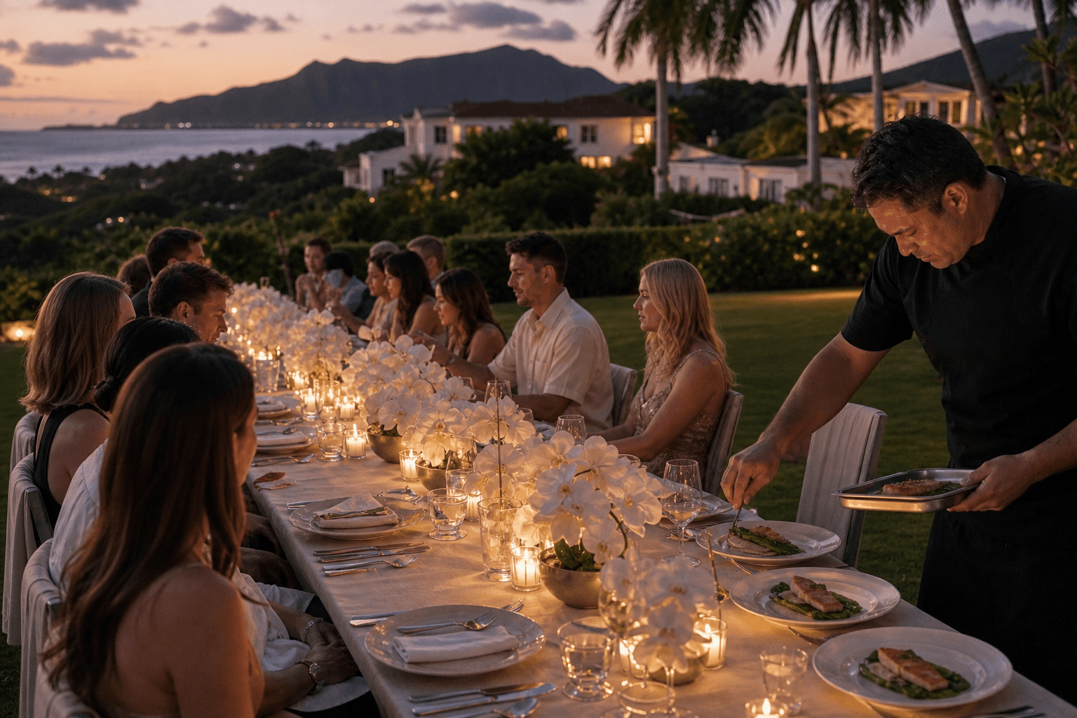 Gold Coast wedding-week long table at dusk — candles, ivory linen, Diamond Head on the horizon.