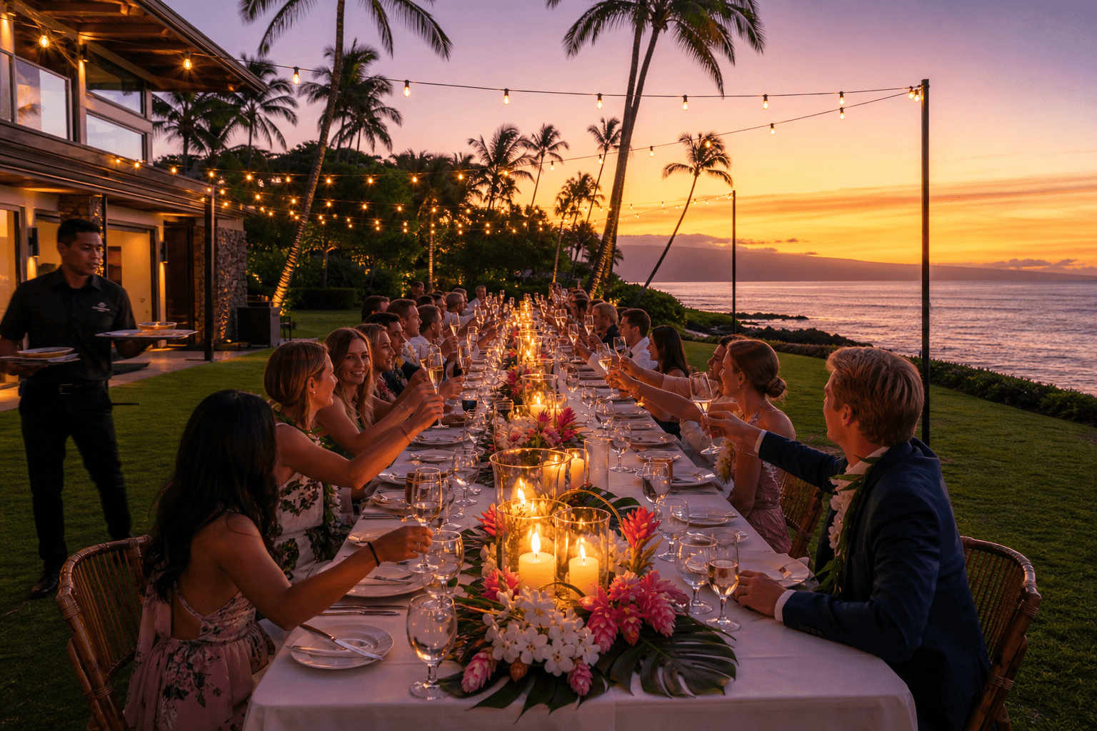 A long wedding-week table on a Hawaiian ocean lawn — candles, orchids, guests toasting at sunset.