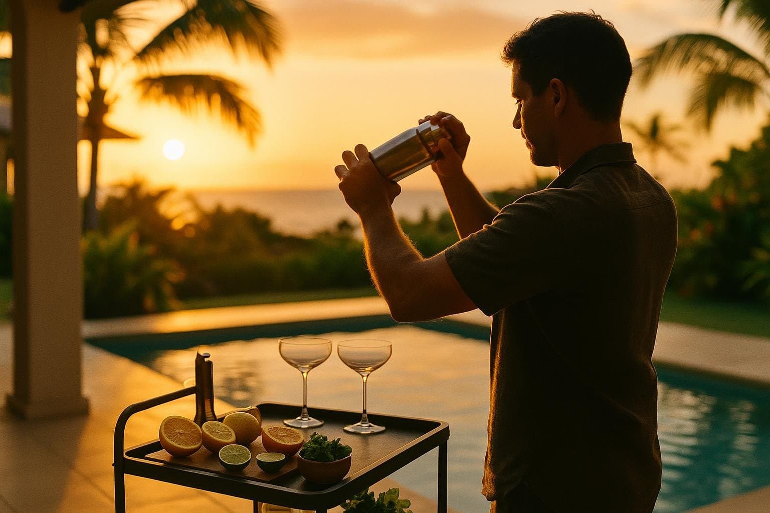 A bartender shaking a cocktail at a portable bar cart beside a Hawaiian villa pool at sunset, citrus and coupe glasses in warm light.