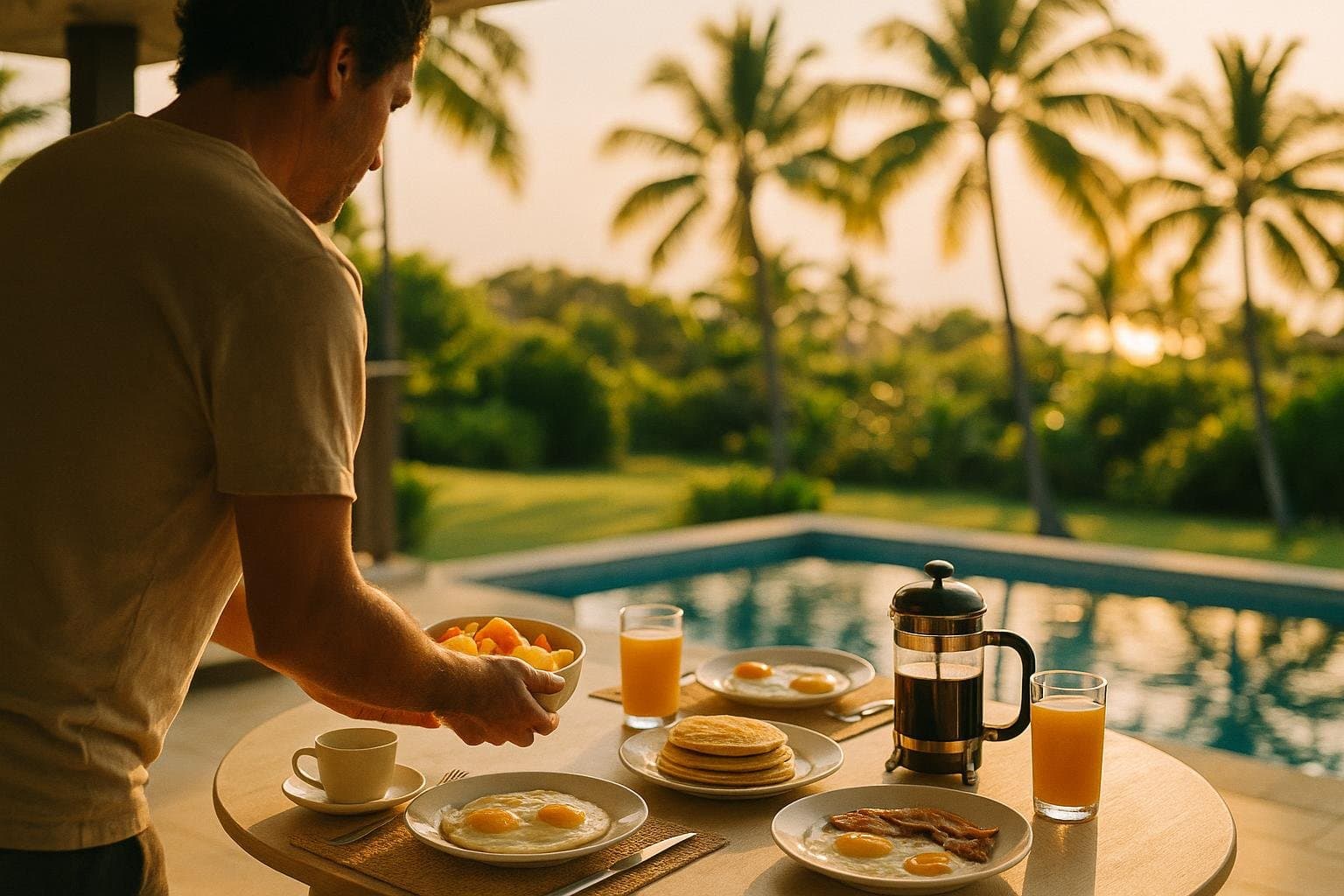 A chef-cooked family breakfast served on a Hawaiian villa lānai in the morning, pool and palms glowing beyond.