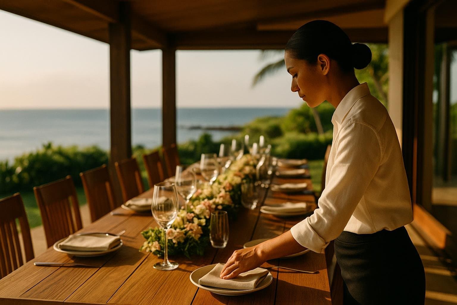 A lead host setting a long teak table with linen and glassware on a Hawaiian villa lānai above the ocean in late-afternoon light.