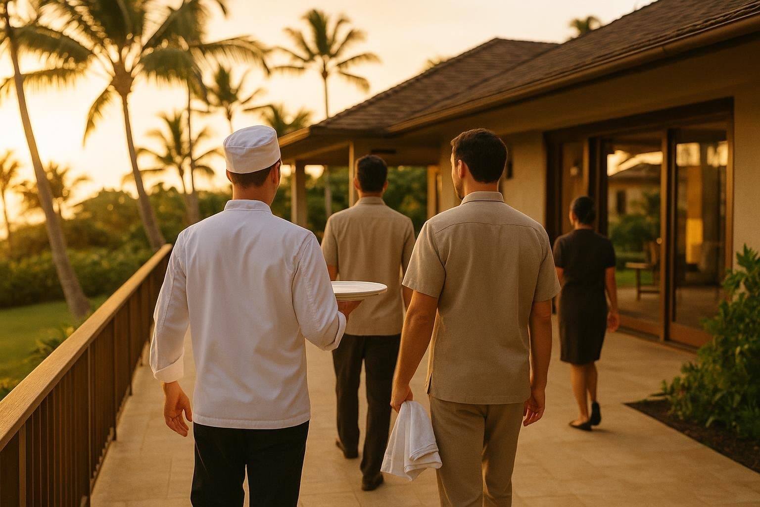 A myCHEF villa hospitality team — chef, host and server — walking a Hawaiian villa lānai walkway toward the house at golden hour.
