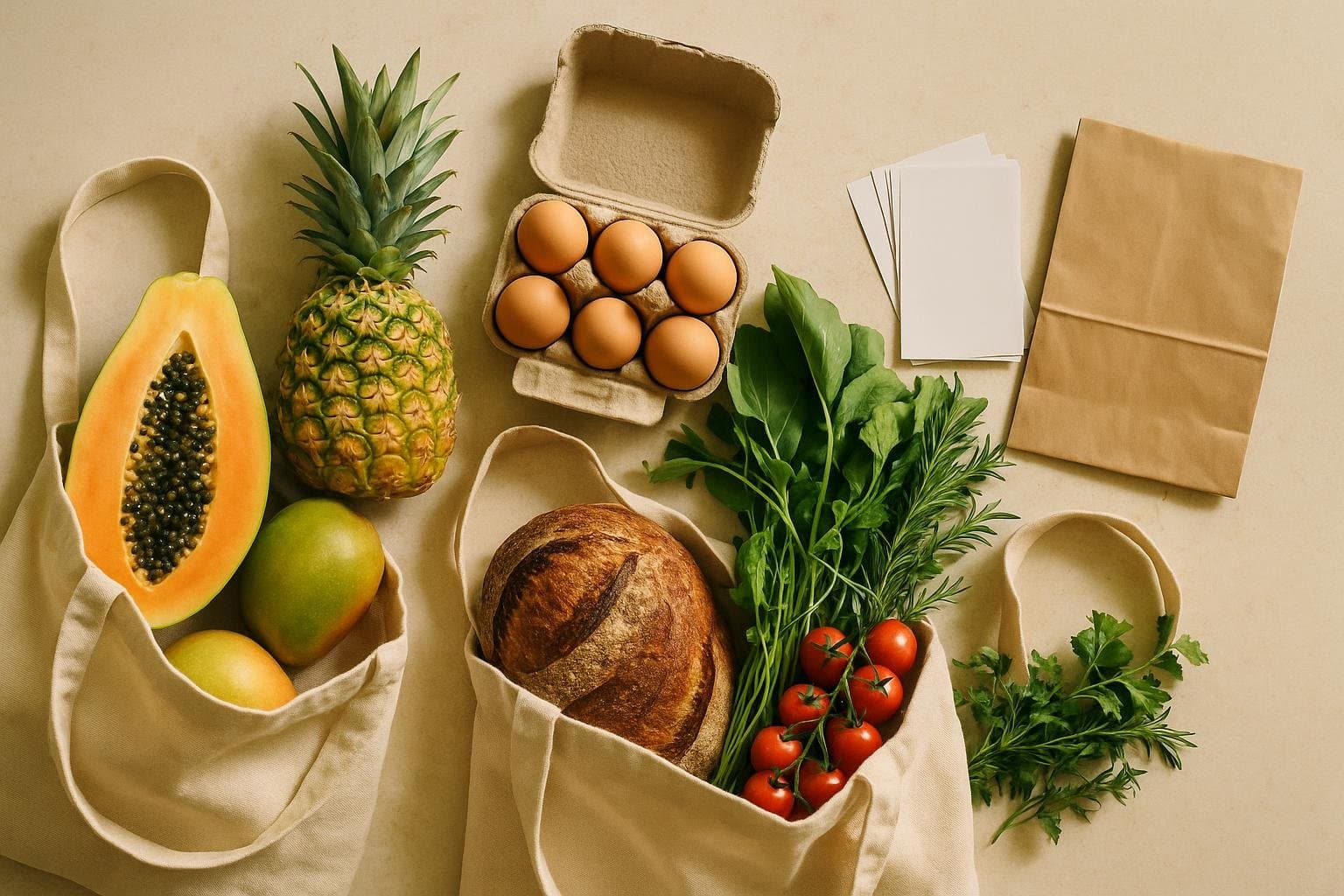 Fresh island produce, farm eggs and bread in canvas grocery bags beside a stack of receipts on a Hawaiian villa counter — provisioning laid out before arrival.