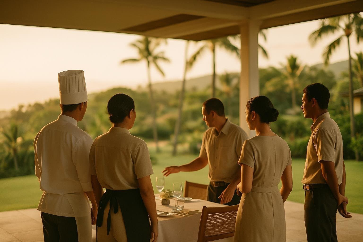 A five-person villa hospitality team gathered for a pre-service briefing on an open Hawaiian lānai pavilion at golden hour.