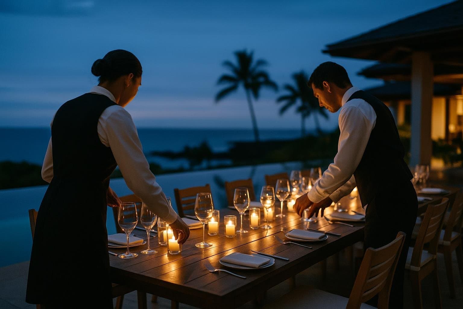 Two uniformed servers finishing a candlelit long table beside a Hawaiian villa infinity pool at blue hour.