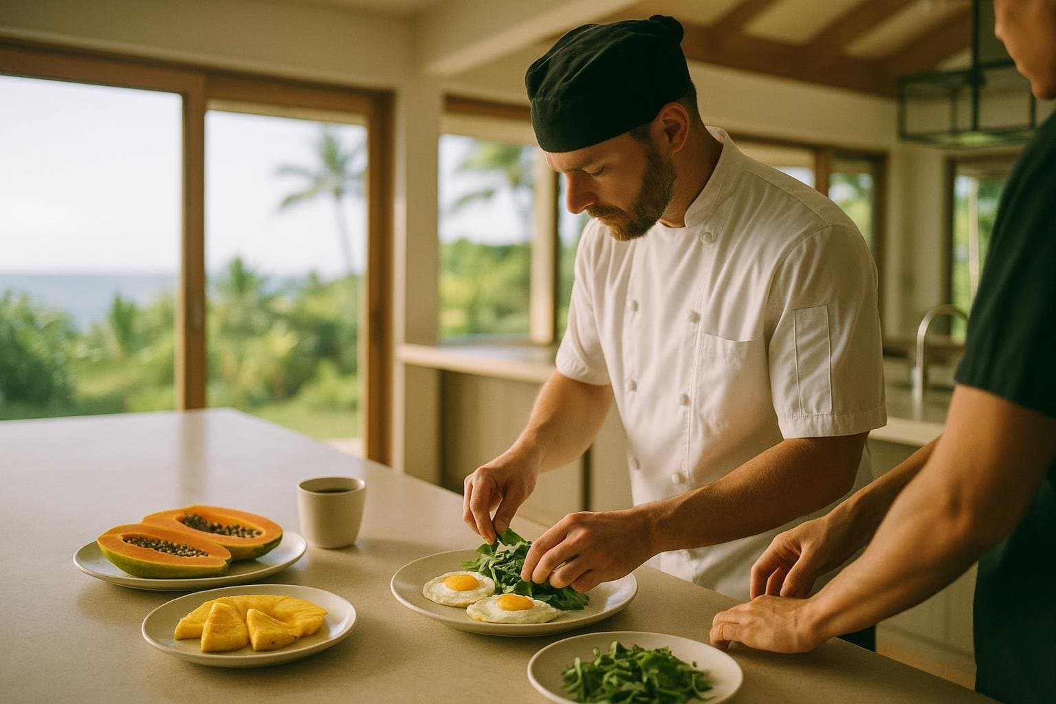A chef plating a fresh island breakfast at a bright open Hawaiian villa kitchen island, an assistant alongside in soft morning light.