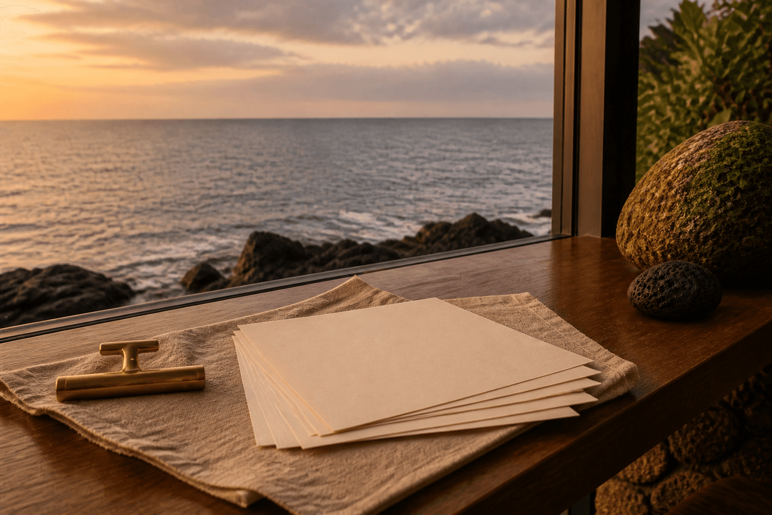 Unused ivory papers on sand linen on a koa sideboard, brass weight, mossed lava, anonymous dusk ocean, no map, no writing.