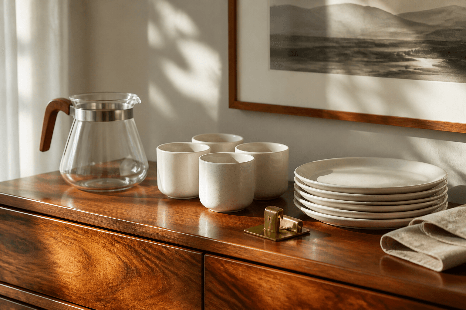 Unused ivory cups and unused breakfast plates on a koa sideboard in morning light, brass clip.