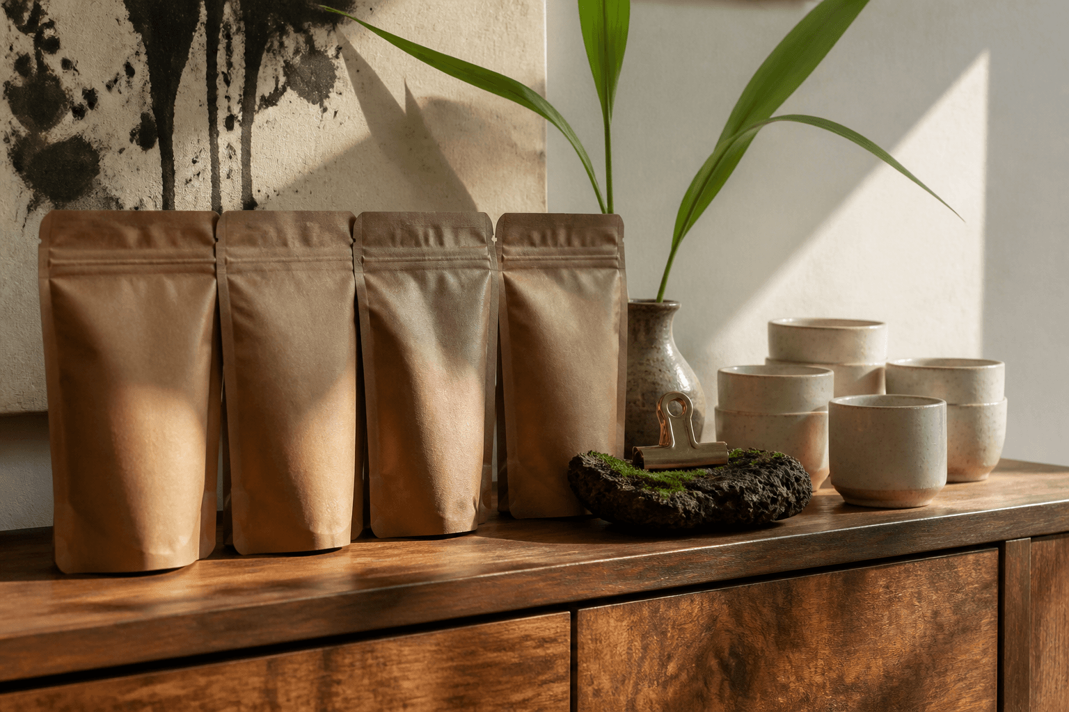 Unlabeled brown coffee bags and unused ivory cups on a koa sideboard, brass clip, mossed lava.