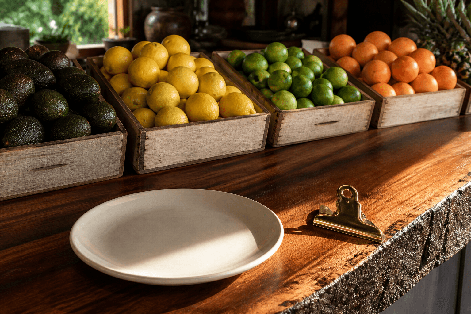 Unlabeled produce crates and unmarked whole fruit on a koa counter, unused ivory plate, brass clip.