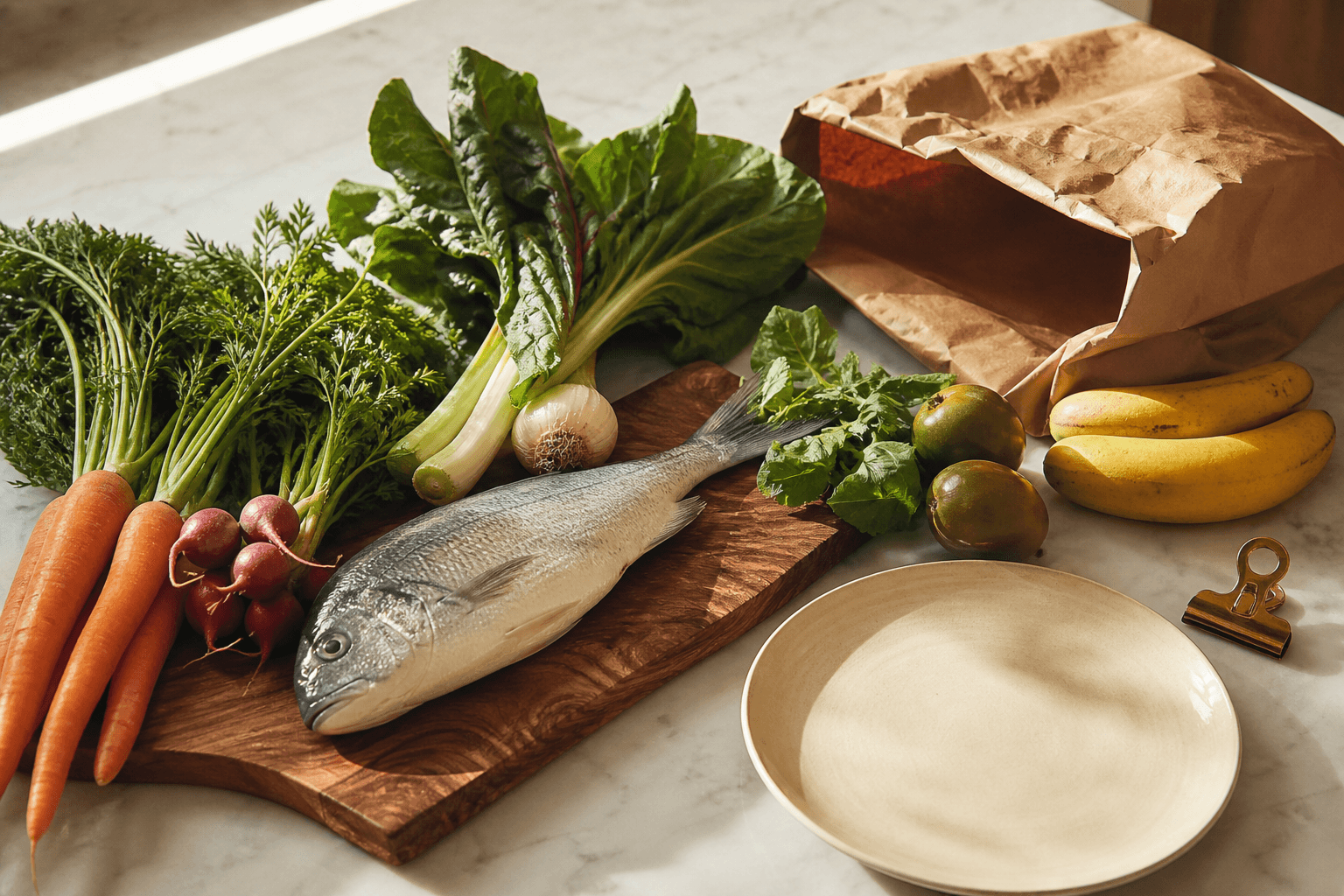 Unmarked whole produce and a whole fish on a koa board, unused ivory plate, unlabeled paper bag.