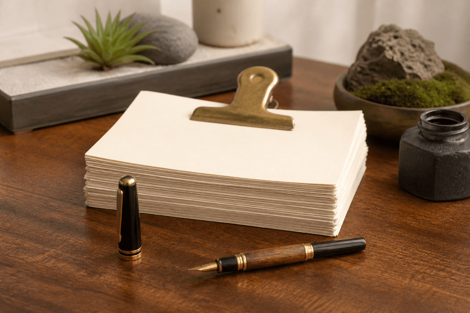 A thick stack of unused ivory papers compressed under a heavy brass clip on a koa desk, no dates.