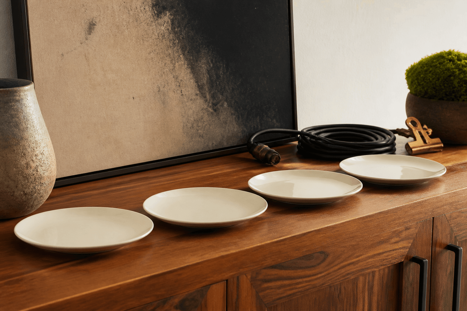 Unused identical ivory plates in a row on a koa sideboard, coiled cable, brass clip.