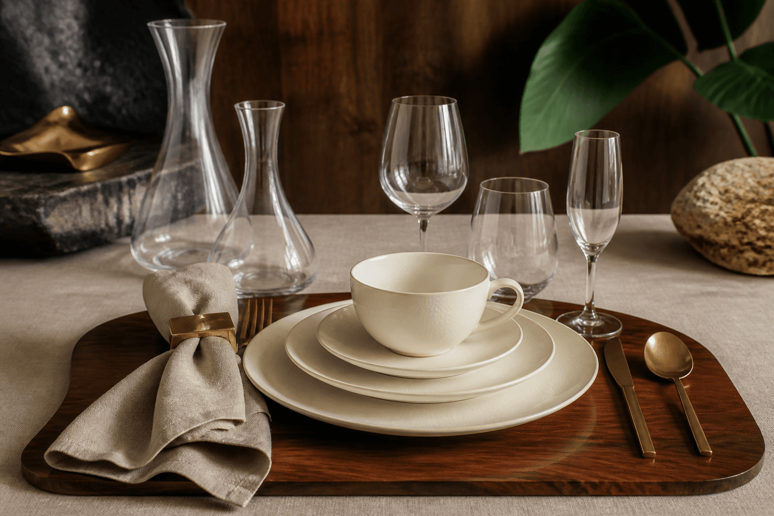 Three stacked unused ivory plate settings with cups and glasses of different sizes on a koa pass, brass clip.