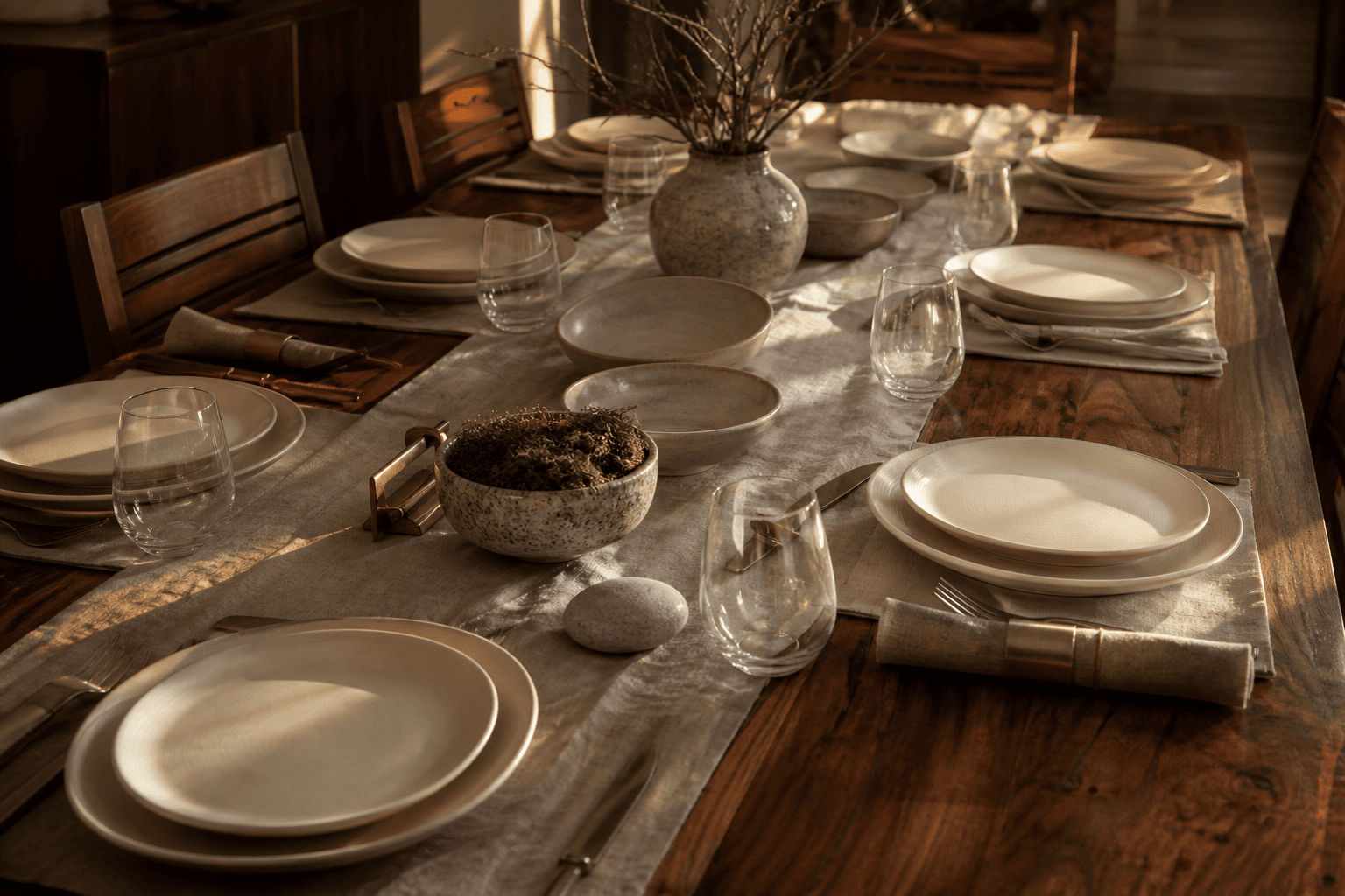Long unused koa dining table with many unused ivory plates and empty glasses, sand linen.