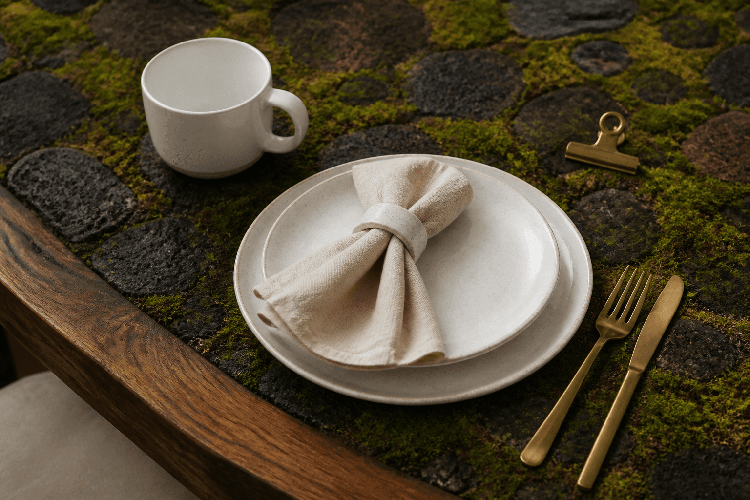 A quieter unused ivory place setting on a mossed lava and koa table, empty coffee cup, brass clip.