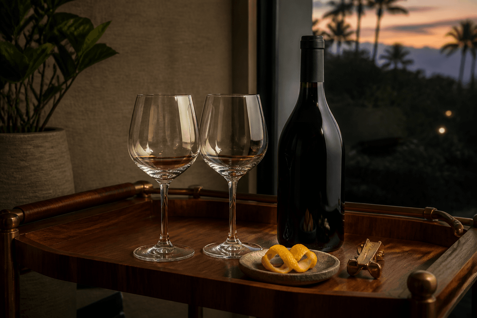 Two unused empty wine glasses and an unlabeled dark bottle on a koa bar cart, citrus peel.