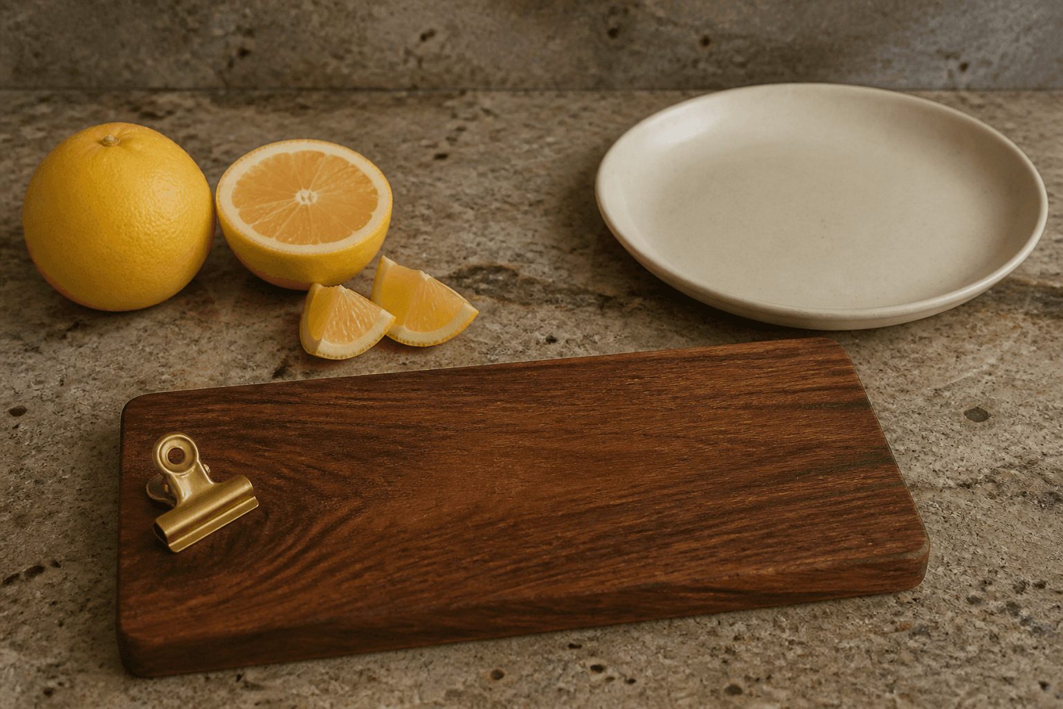 Unused empty wooden board with citrus and a brass clip, no writing, unused ivory plate.