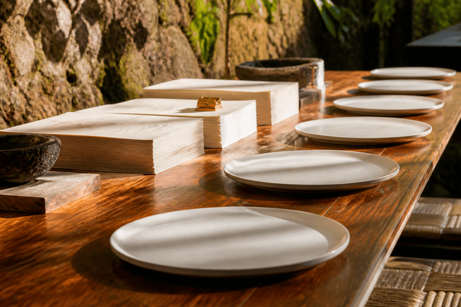 Unused identical ivory plates in a straight row on a koa table, unmarked papers, brass clip.