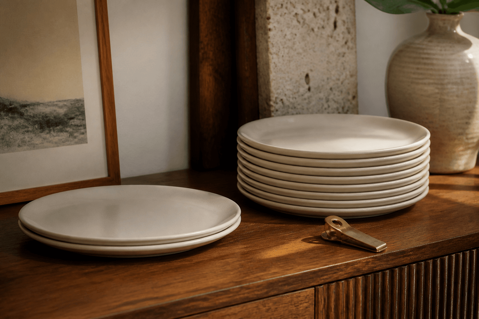 Two unused ivory plates beside a taller stack of unused plates on a koa sideboard, brass clip.