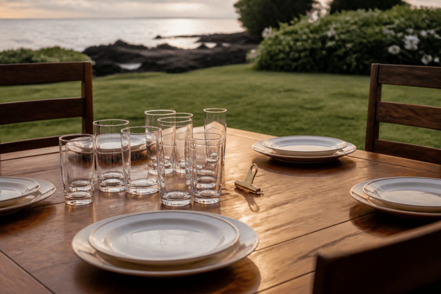 Unused extra glasses and unused ivory plates on a koa lawn table, brass clip, no writing.