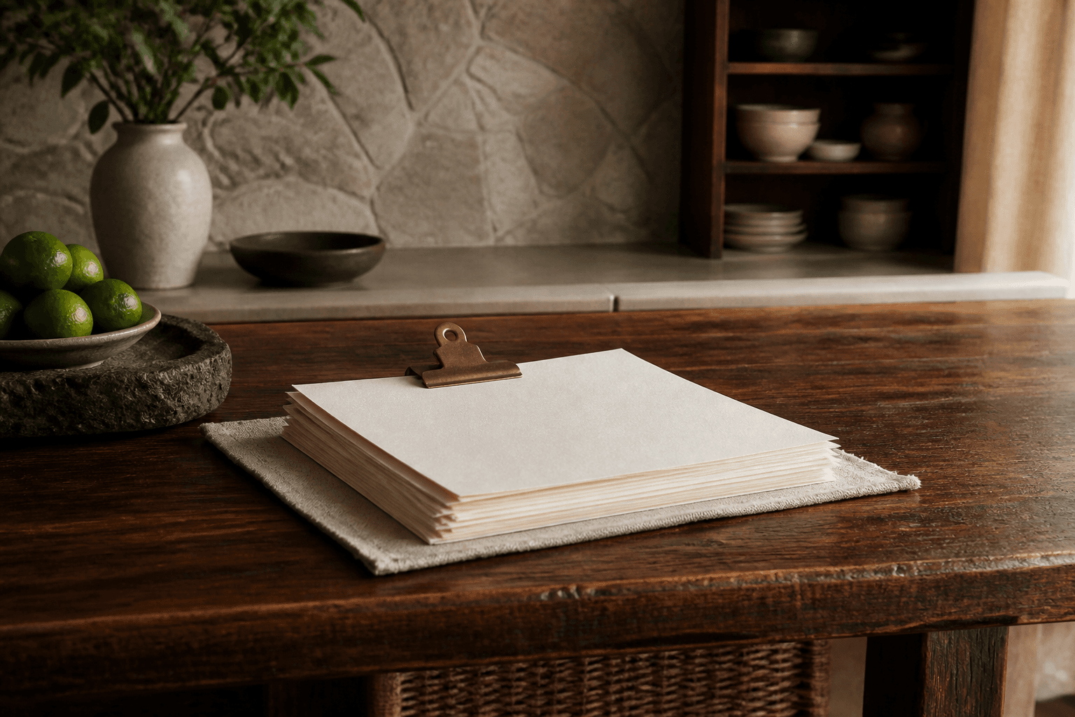 A stack of unused ivory papers under a brass clip on a koa table, volcanic-stone bowl of limes, no writing.