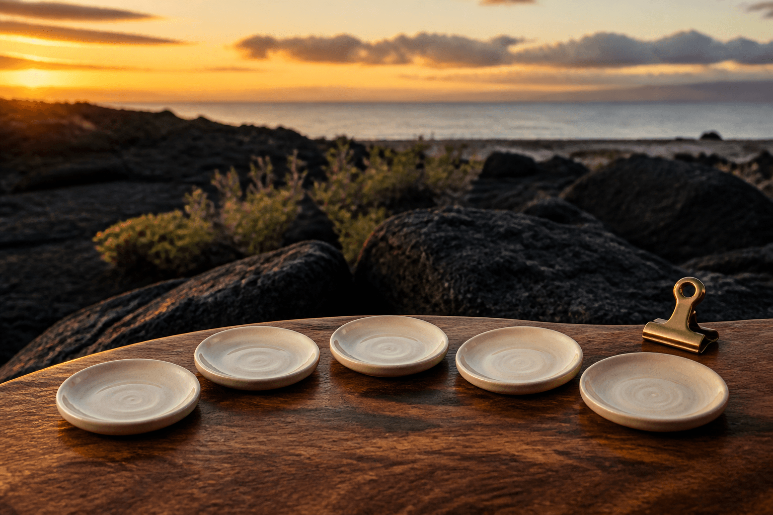Five unused small ivory tasting plates in a quiet arc on a koa pass, brass clip.