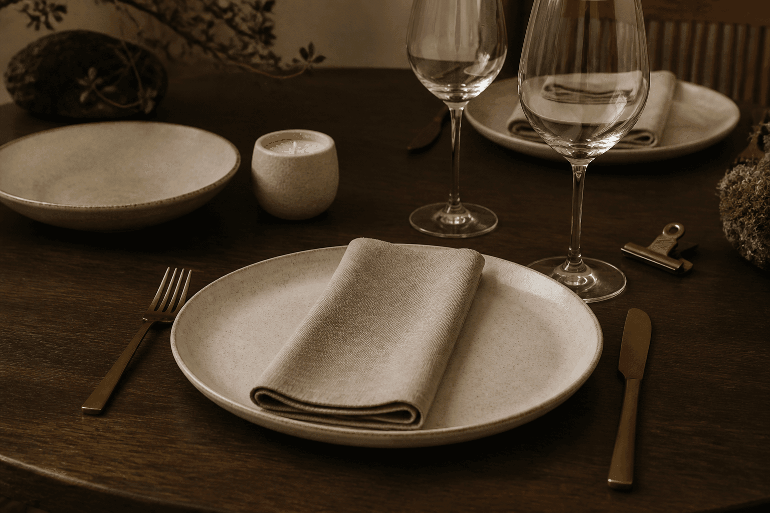 Unused ivory plates and empty stemware on a koa dining table, brass clip, no writing.
