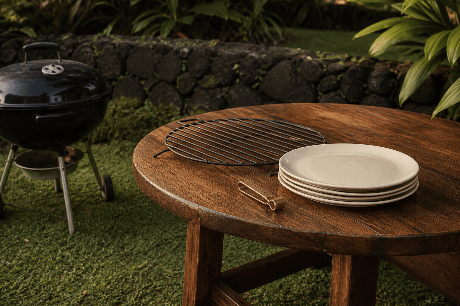 Unused grill grate beside unused ivory plates on a koa outdoor table, brass clip.