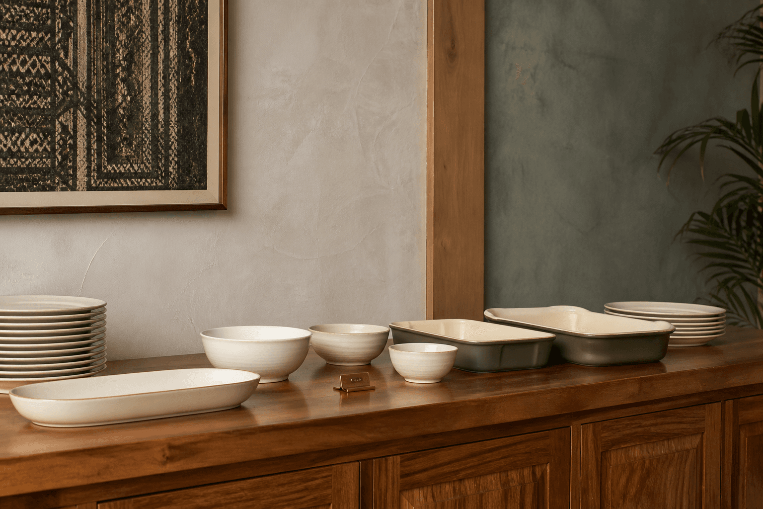 Unused empty serving vessels in a line on a koa sideboard, unused ivory plates.