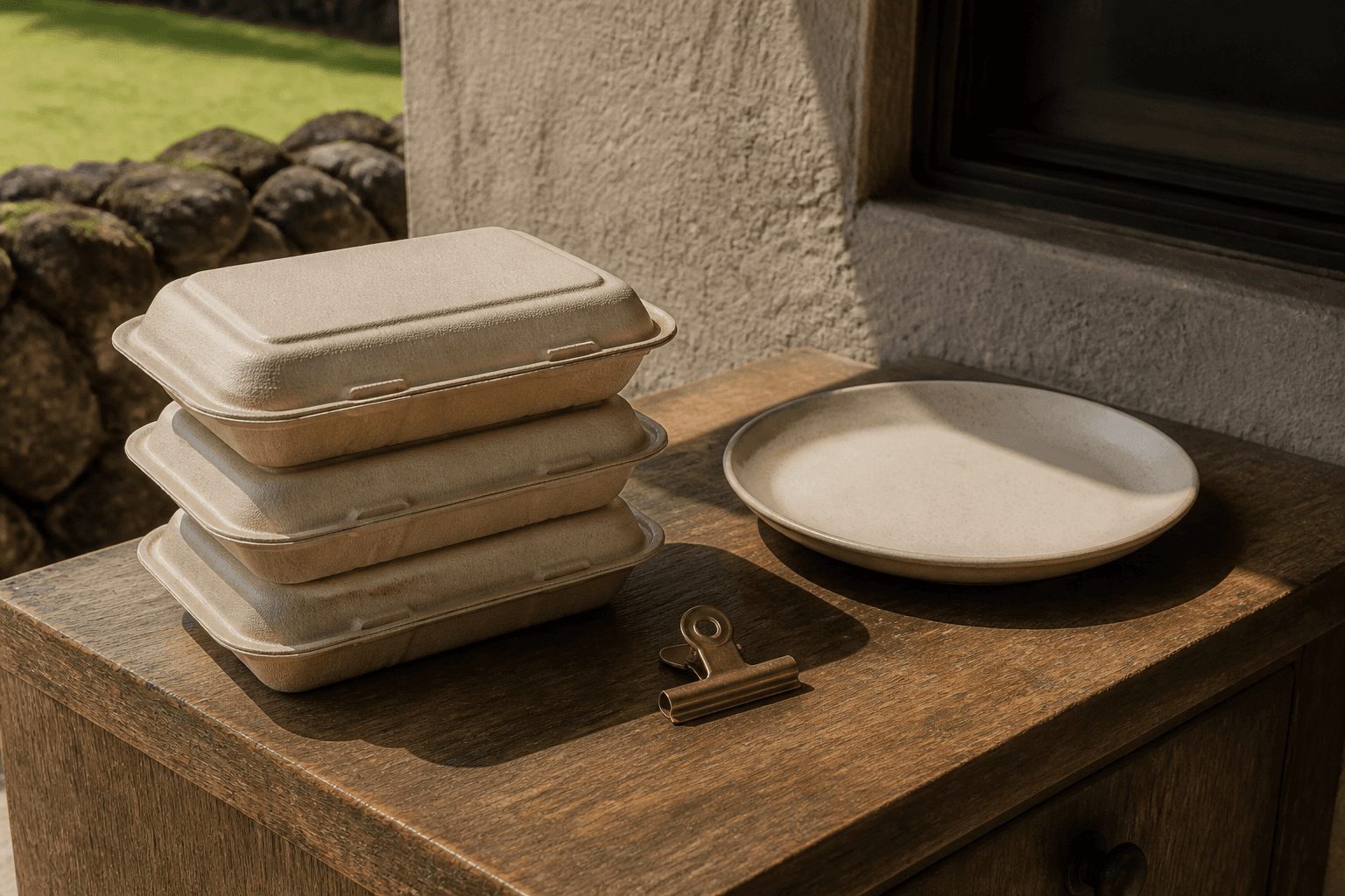Unused stacked empty food containers on a koa counter, unused ivory plate, brass clip.