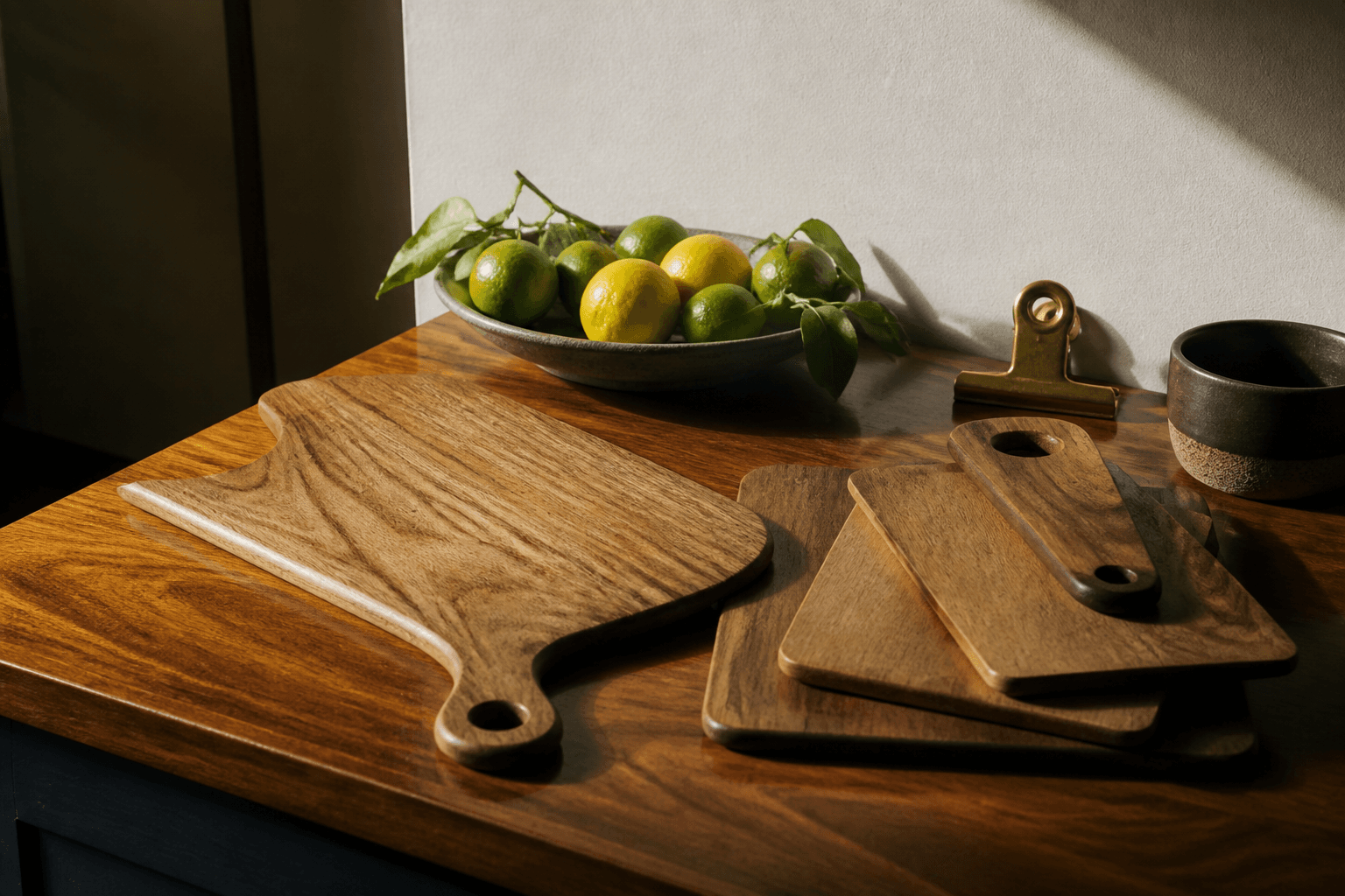 Unused empty wooden boards on a koa counter, citrus, brass clip.