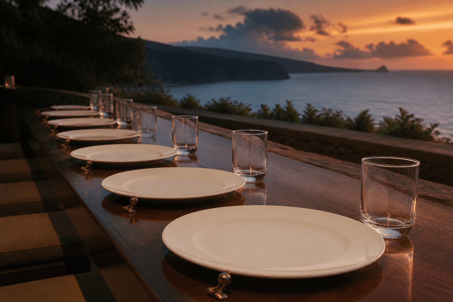 Unused identical ivory dinner plates in a quiet row on a koa pass, brass clip.