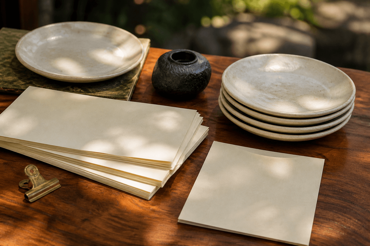 Unused unmarked papers and unused ivory plates on a koa table, brass clip.