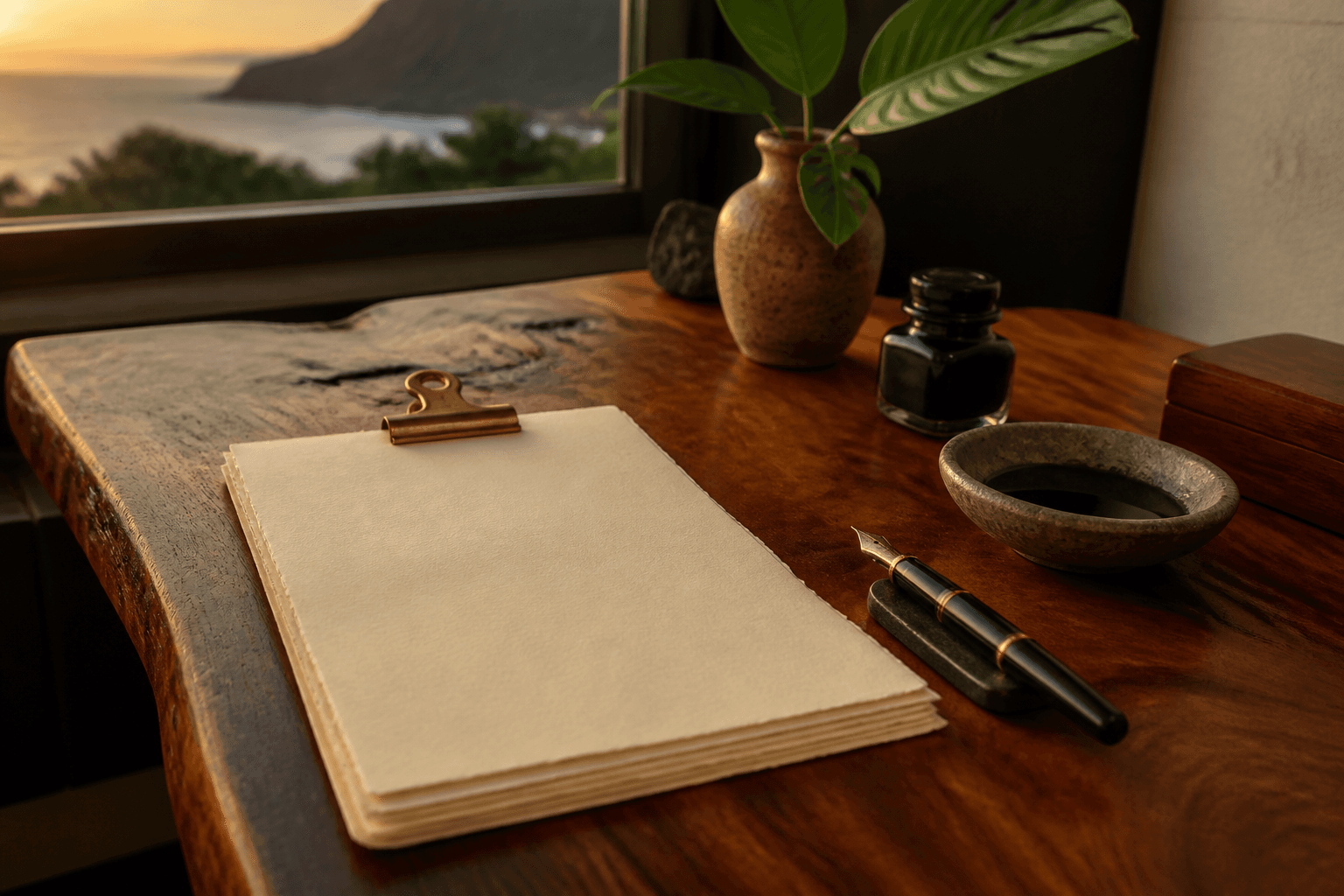 Unused ivory papers under a brass clip on a koa desk, fountain pen, no writing.